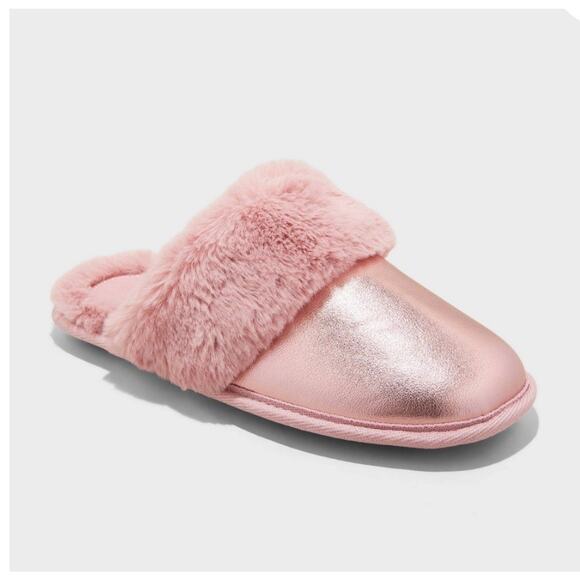 Auden Pink Metallic Faux Fur Slippers Women’s 7/8 Christmas Glam Feminine - Picture 1 of 4
